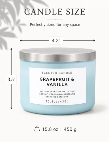 Vista 6 de Vela de soja de 3 mechas de vainilla de pomelo Vela perfumada grande de 15.8 onzas para el hogar Vela de aromaterapia altamente perfumada