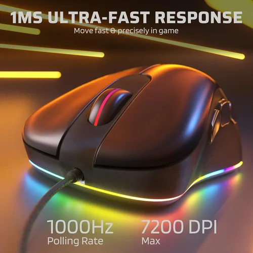 Vista 4 de LTC GM-031 Ratón para juegos con cable, 7200 DPI ajustable, 6 botones macro programables, 4 modos retroiluminados RGB, forma ergonómica, soporte
