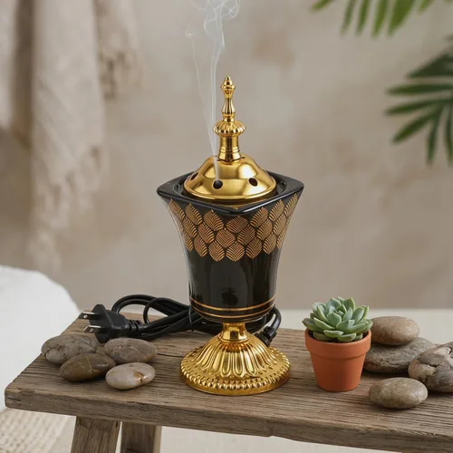 Vista 8 de Amosfun Quemador de incienso eléctrico, estilo árabe, incensario, hogar, oficina, decoración de mesa, yoga, spa, aroma, ornamento, enchufe de EE. UU