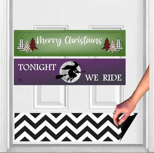 Vista 2 de Deck the Door Decor Placas magnéticas intercambiables para puertas de acero (6 x 30 pulgadas, Chevron/Merry Christmas/Witch Ride)