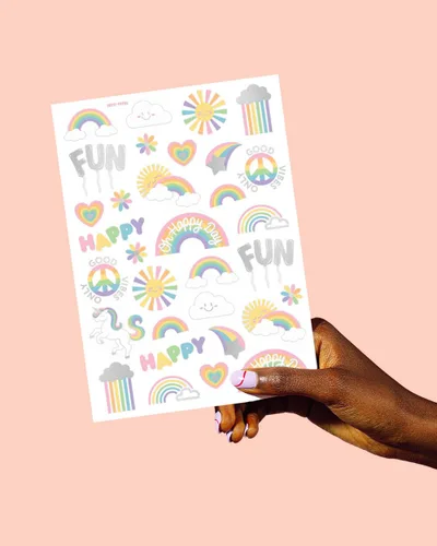 Vista 5 de xo, Fetti - Tatuajes temporales de arcoíris pastel - 46 estilos de lámina plateada Suministros para fiesta de cumpleaños de unicornio, baby