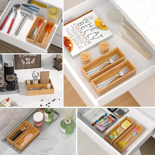Vista 6 de VeyFey Bandeja de cubiertos para cajón, organizador apilable de bambú para cajones de cocina, 9 x 3 x 2 pulgadas, juego de 2