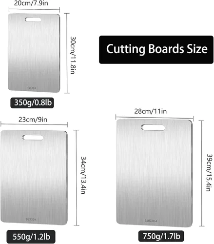 Vista 2 de Juego de tablas de cortar de acero inoxidable de 3 a 2 caras para cocina, tabla de cortar de acero inoxidable 304 no plástica para carne, frutas
