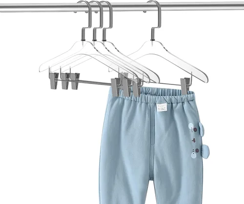 Vista 3 de Perchas de acrílico Lucite de calidad de 12.5 pulgadas para pantalones, paquete de 4, elegante colgador de ropa con ganchos dorados o plateados