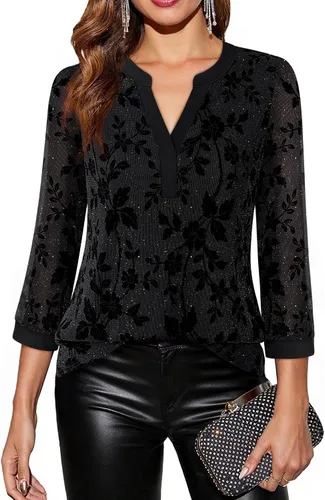Vista 12 de Timeson - Blusas de manga de 3/4 para mujer, estilo casual, con cuello en V, camisas largas de vestir de doble capa, de malla Negro