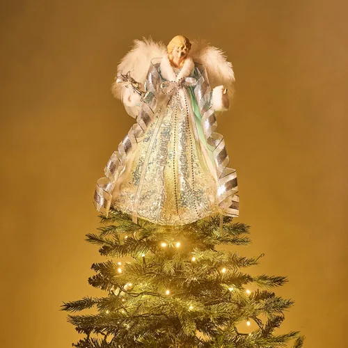 Vista 2 de Valery Madelyn - Decoración iluminada para árbol de Navidad con ángel con temporizador, decoración de ángel pequeño de 12 pulgadas de tela azul
