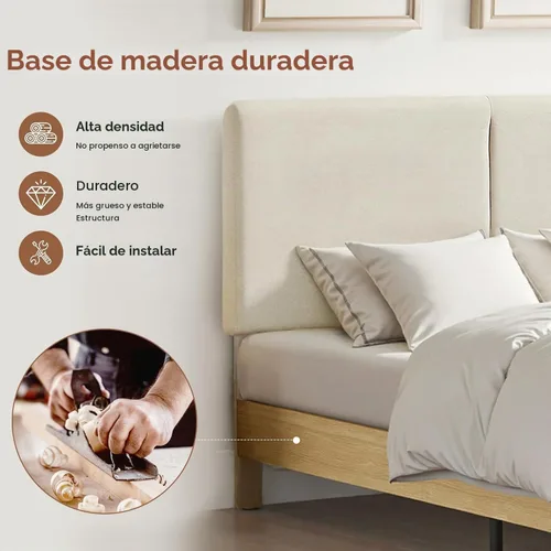Vista 5 de VECELO Base de cama tamaño matrimonial tapizada con cabecera de algodón y lino ajustable en altura, listones de madera resistente, espacio debajo
