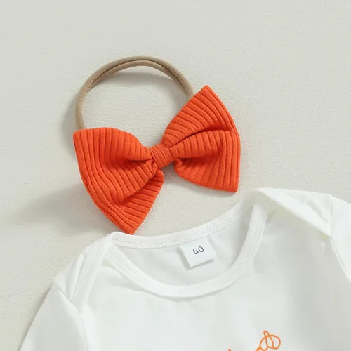 Vista 4 de Conjunto de ropa de Halloween para niña pequeña, divertido mameluco con letras de calabaza + pantalones acampanados acanalados de moda, traje