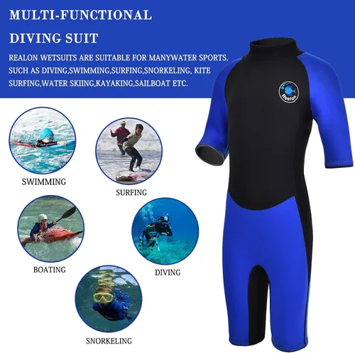Vista 2 de Traje de neopreno de 3 mm para niños, niñas, niños pequeños y jóvenes; traje de baño completo térmico para agua fría; cremallera en la espalda