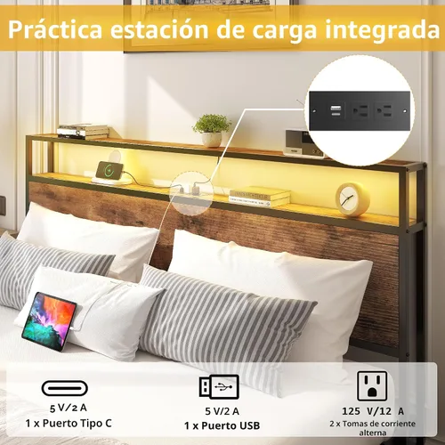 Vista 4 de Lifezone Estructura de Cama Full con Cabecero de Almacenamiento de 2 Niveles, Estructura de Cama de Plataforma de Metal con 4 Cajones de Marrón