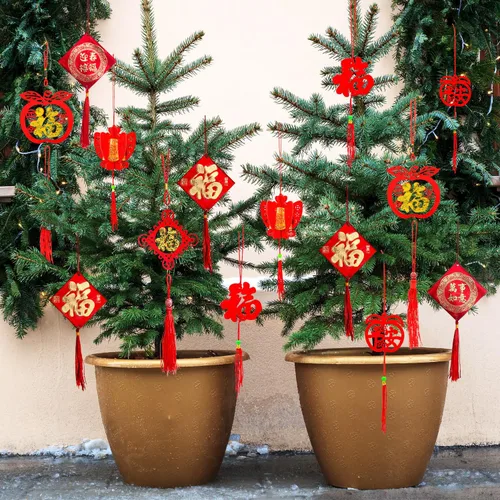 Vista 2 de Decoraciones de año nuevo chino, colgante de nudo chino, adornos colgantes rojos, colgantes Lucky Fu para Año Nuevo, árbol para el hogar, adornos