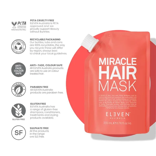 Vista 6 de ELEVEN AUSTRALIA Miracle Hair Mask for Dry Damaged Hair - Tratamiento acondicionador profundo para hombres y mujeres, restaura la humedad y ayuda a