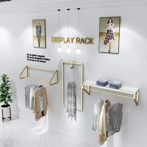 Vista 5 de Modern Simple - Estante de exhibición de metal resistente para hombres y mujeres, perchero de pared con madera, riel para ropa, toallero para colgar