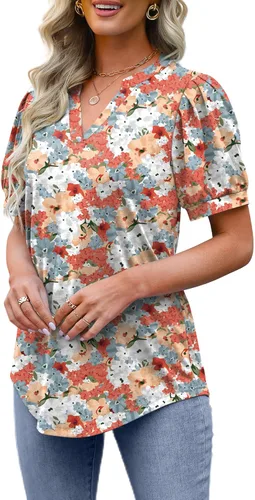 Vista 3 de OFEEFAN Blusas plisadas de manga abombada para mujer, cuello en V, holgadas, dobladillo curvado, blusas elegantes, informales, S-3XL