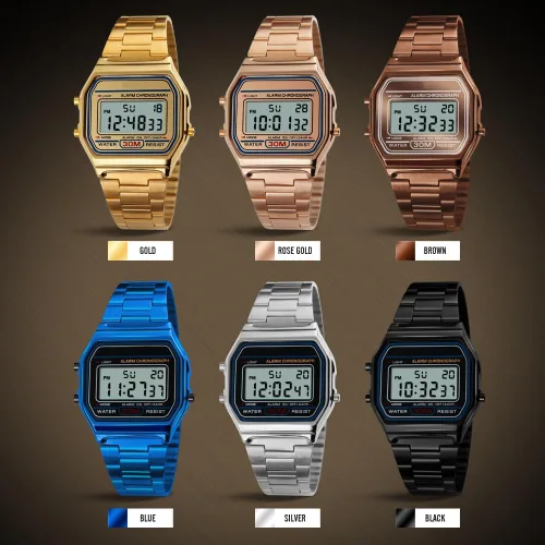 Vista 9 de VIGOROSO Reloj casual digital de acero inoxidable dorado retro vintage para hombre, cronómetro