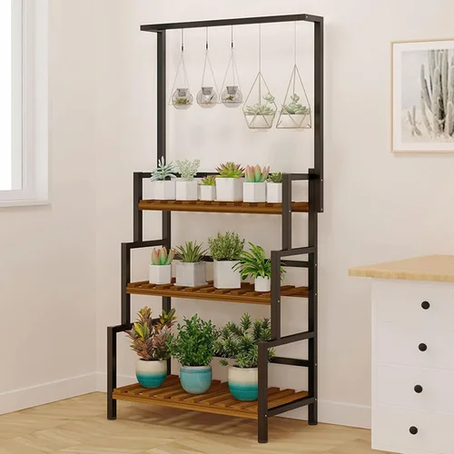 Vista 7 de Soporte colgante de 3 niveles para plantas, estantes para macetas, estantes organizadores de macetas para exteriores, interiores, estantes