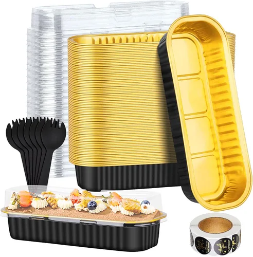 Vista 10 de Paquete de 100 mini moldes para pan de Navidad con tapas, mini moldes para pasteles con tapas y cucharas, moldes de papel de aluminio de 6.8 onzas