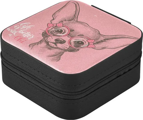 Vista 3 de Emelivor Lindo perro chihuahua - Joyero de viaje de piel sintética, portátil, organizador de joyas de viaje, caja de joyería pequeña para anillos