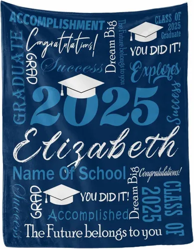 Vista 32 de MyPupSocks Manta personalizada para regalo de graduación, felicitaciones clase de 2025, manta azul personalizada de forro polar 2025 para hermana