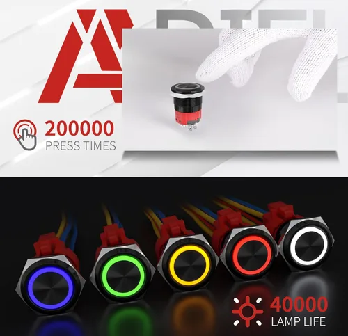 Vista 5 de APIELE Interruptor de botón momentáneo de 10 A, 22 mm, LED ojo de ángel, impermeable, redondo, autorresetable, 7/8'', 1NO 1NC