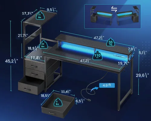 Vista 3 de Casaottima - Escritorio de juegos de 59 pulgadas con puertos de carga USB y luz LED - Escritorio reversible para computadora con 3 cajones de tela