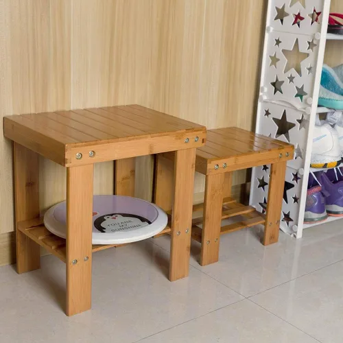 Vista 6 de ASelected Taburete de banco de bambú, taburete de madera de 10 pulgadas para dormitorio, cocina, vestíbulo, vestíbulo, entrada, banco pequeño
