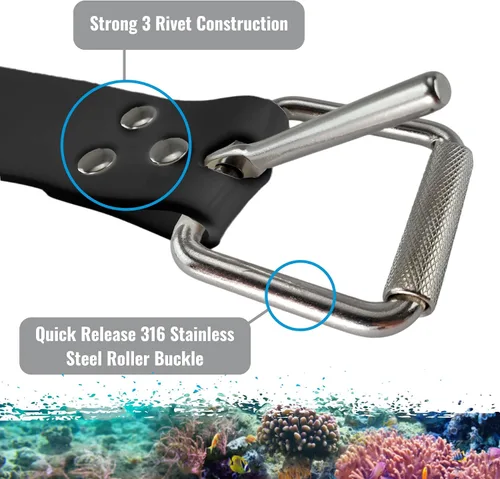 Vista 5 de Cinturón de peso de buceo de silicona negra de 50 pulgadas (4.2 ft) con hebilla de rodillo de acero inoxidable 316
