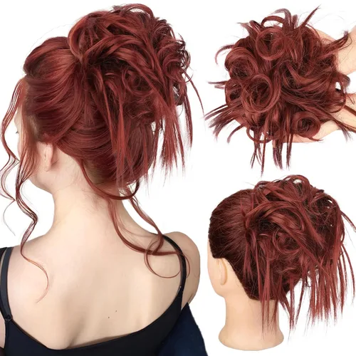 Vista 48 de HMD - Extensiones de cabello tipo chongo alborotado con rodelo despeinado, banda elástica de goma, extensiones de cabello sintético para mujer 12H24