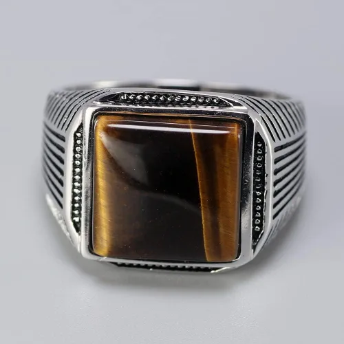 Vista 3 de Anillo de plata para hombre Piedra natural de ojos de tigre Anillo turco Anillo retro grabado geométrico por Fantasy World, Metal precioso, ojo