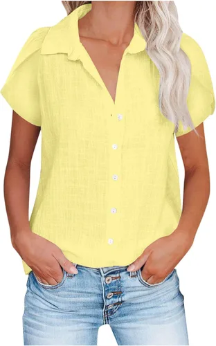 Vista 14 de Camisetas de verano para mujer, de manga corta, pétalos, de lino, con bolsillo, casual, con botones, blusas básicas