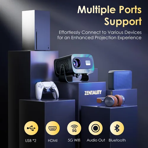 Vista 7 de Proyector con WiFi y Bluetooth, enfoque eléctrico y Keystone vertical, soporte HD 4K de 1080P, proyector inteligente con aplicaciones de transmisión