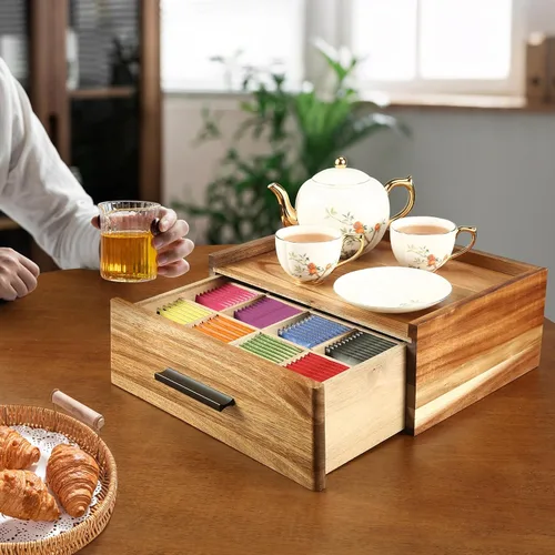 Vista 7 de Organizador de bolsas de té de madera de acacia con cajón, caja