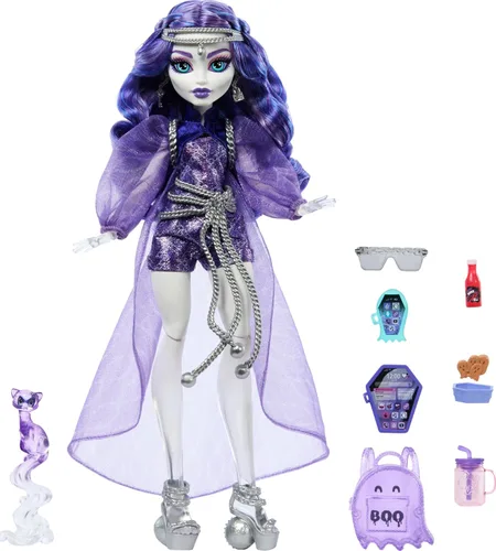 Vista 9 de Muñeca Monster High, Abbey Bominable Yeti de moda con mamífero mamut mascota y accesorios temáticos Muñeca Yeti en ropa morada peluda con mamut