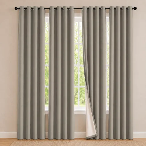 Vista 56 de 2 paneles de cortinas 100% opacas, de peso medio, con aislamiento térmico y ojales para dormitorio, sala de estar, tratamiento de ventana