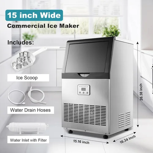 Vista 2 de Amzgachfktch Máquina de hielo comercial de 100 libras/24 horas, máquina de hielo autolimpiante, pantalla LED, luz azul, debajo