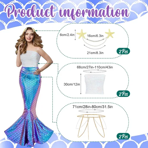 Vista 3 de Panitay 2 Sets Halloween Mermaid Costume for Women Shiny Mermaid Skirt Sequin Tube Top Face Gems Pearl Waist and Head Chain