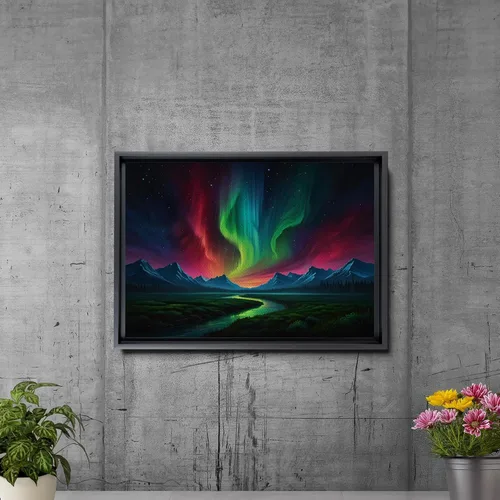 Vista 5 de Aurora Borealis, Northern Lights Art, framed canvas print, snow capped mountain landscape art, synthwave vaporwave, Home Decor, Wall