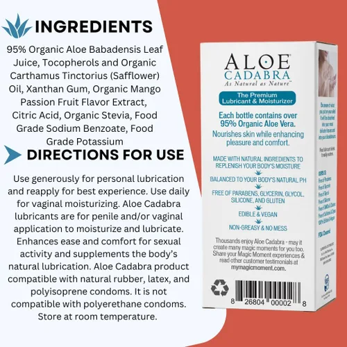 Vista 3 de Aloe Cadabra Lubricante personal saborizado orgánico Passion Lube para mujeres, hombres y parejas, mango Passion 2.5 onzas (paquete de 5)