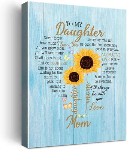 Vista 6 de Wailozco Lienzo colgante con texto en inglés "To My Beautiful Daughter", arte de pared enmarcado para decoración de pared de habitación de hija