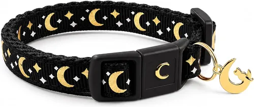 Vista 10 de waaag - Collar de seguridad para gato, con diseño de lunas y estrellas doradas, brilla en la oscuridad