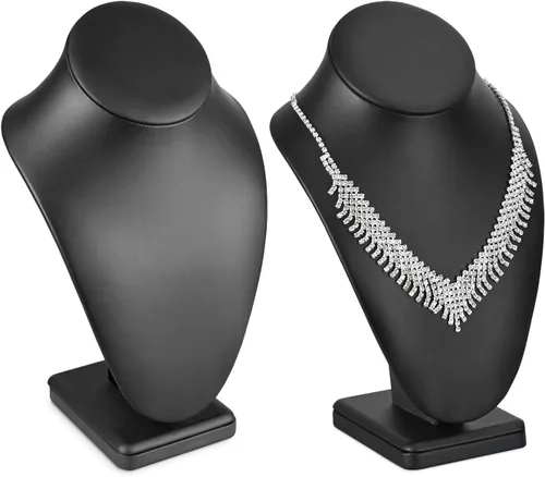 Vista 11 de MOOCA Soporte de exhibición de busto de joyería de collar de piel sintética Collar Soporte de madera resistente con gancho trasero ajustable, se