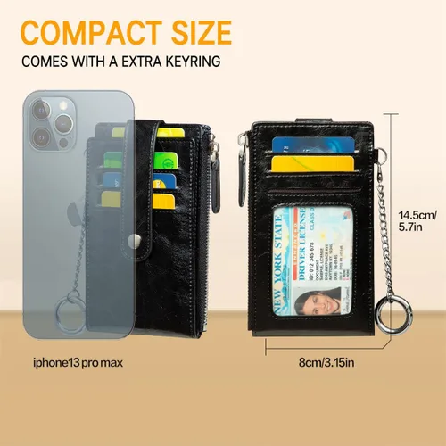 Vista 4 de Huztencor Tarjetero de crédito para mujer, cartera pequeña RFID para mujer, delgada, funda para tarjetas con cremallera múltiple con llavero