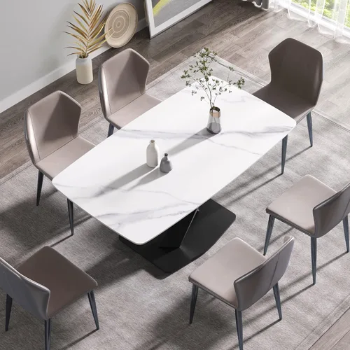 Vista 8 de Mesa de comedor moderna, mesa de comedor de piedra sinterizada blanca con base de acero al carbono sólido en forma de X, mesa de comedor rectangular