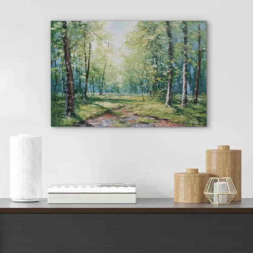 Vista 51 de SIGNFORD - Cuadro en lienzo para pared, silueta de bosque con estrellas azul marino y verde azulado, naturaleza, fotografía, realismo, decoración