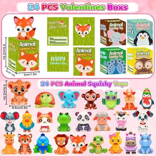 Vista 5 de vewicokop Regalos del día de San Valentín para niños con juguetes blandos de animales, paquete de 24 juguetes de alivio del estrés de aumento lento