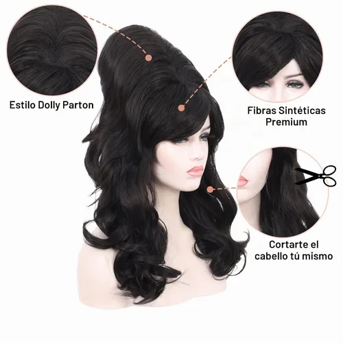 Vista 2 de Peluca negra de colmena grande y rizada para mujer, disfraz de Halloween de Negro