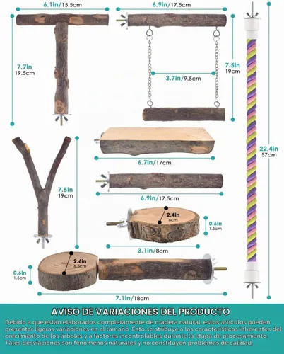 Vista 3 de DBNESS - Perchas para pájaros, 8 piezas de madera natural, soporte de escalada para loros, juguetes para jaula de pájaros, accesorios para colgar