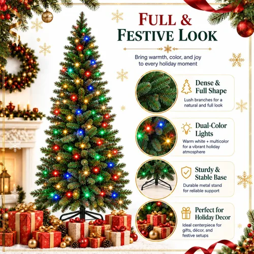 Vista 8 de GarveeLife Árbol de Navidad artificial preiluminado de 6 pies, luces de Ramas mixtas de HC-PVC, fácil configuración de sección, forma lista