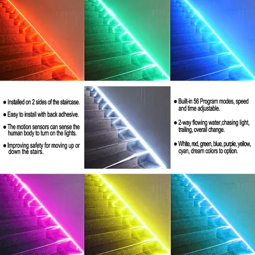 Vista 6 de Luz de escalera de color con sensor bidireccional de agua que fluye, sensor de movimiento, controlador LED, tira de luz flexible de 12 V, 16.4 pies