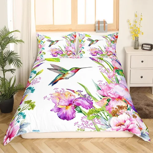 Vista 3 de Juego de ropa de cama floral, funda de edredón de flores de iris de colibrí, tamaño matrimonial, jardín, botánico, magnífica, funda de edredón
